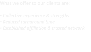 What we offer to our clients are: • Collective experience & strengths • Reduced turnaround time • Established affiliation & trusted network 